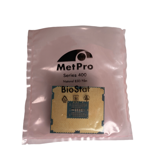 Microprocessor in a transparent pink antistatic BioStat® protective pouch with “MetPro Series 400” printed on it, for the safe storage of electronic components.