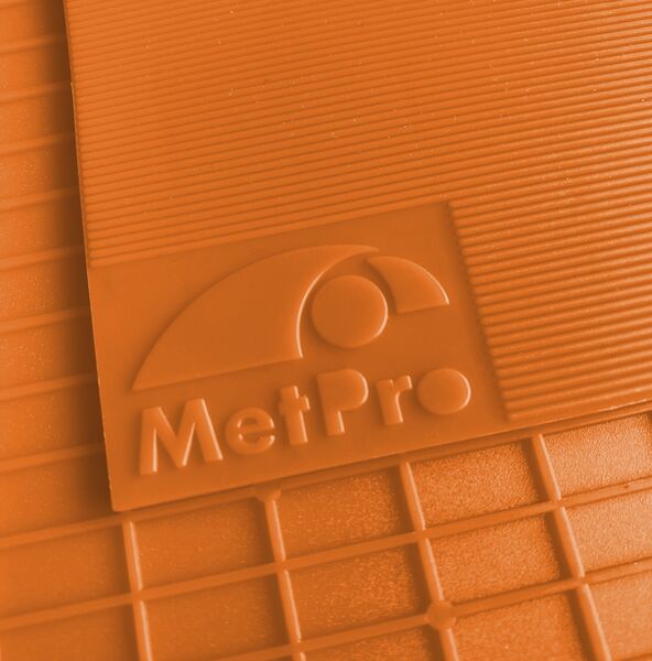 Close-up view of the tangerine-colored BioCor® PowerCard 200, highlighting the raised MetPro logo.